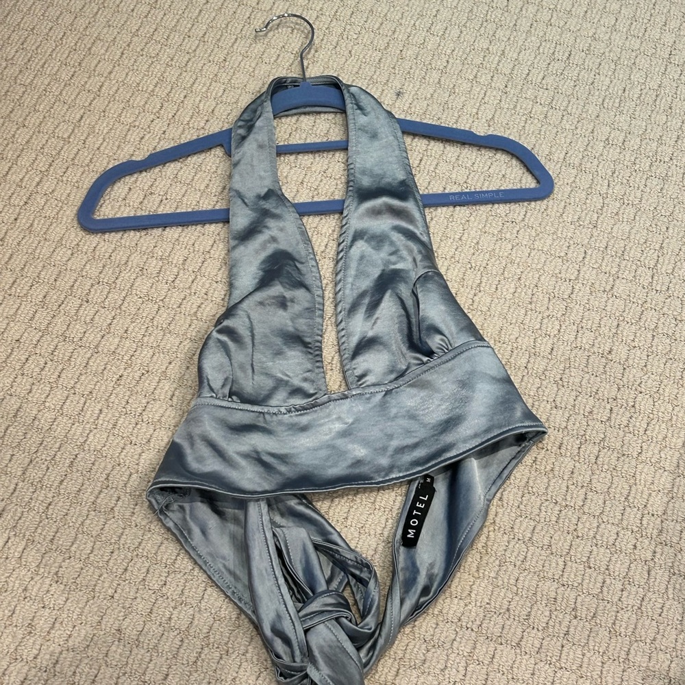 Motel Rocks Keiza Crop Top in Satin Silver Blue, Size M